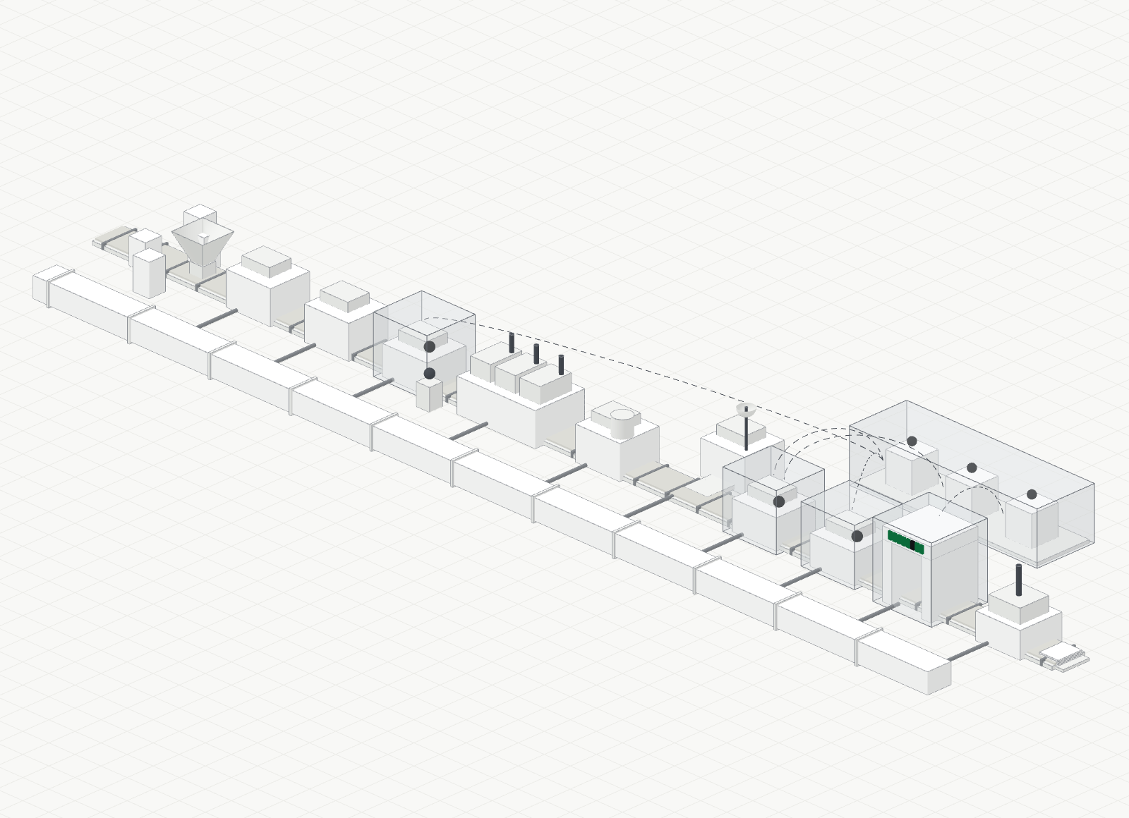 The engine drawn as a factory line: 11 stations on a conveyor from the doors to the report, the job's database file in front and the model room behind glass. Every station is described in "Every station, as a list" below.